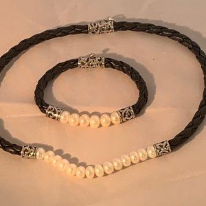 Brighton Retired Pearl Black Leather Necklace Set